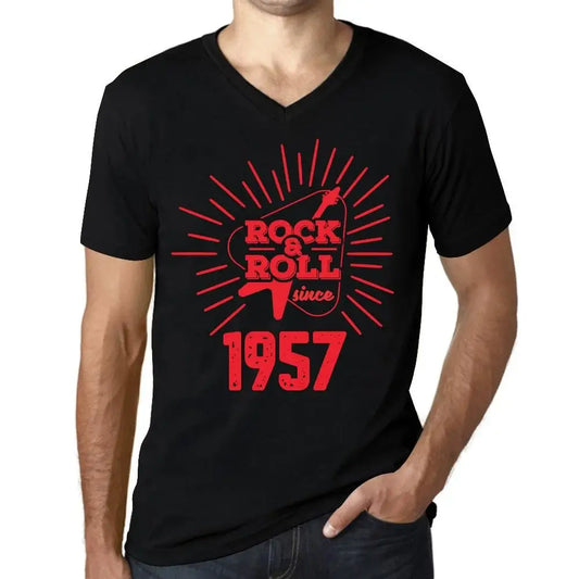 Men's Graphic T-Shirt V Neck Guitar and Rock & Roll Since 1957 67th Birthday Anniversary 67 Year Old Gift 1957 Vintage Eco-Friendly Short Sleeve Novelty Tee