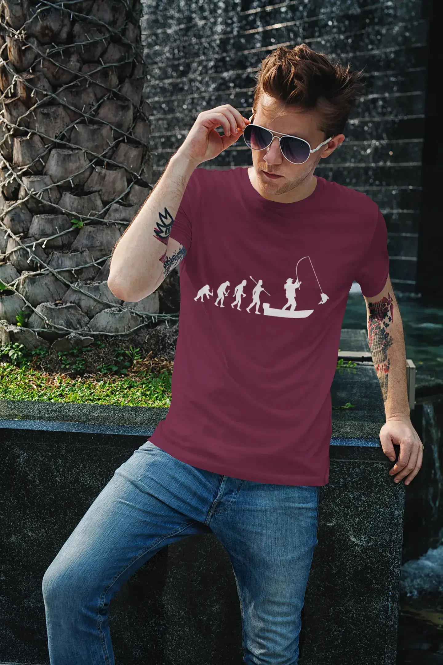 ULTRABASIC - Graphic Printed Men's Evolution of the Fishing Boat T-Shirt Burgundy