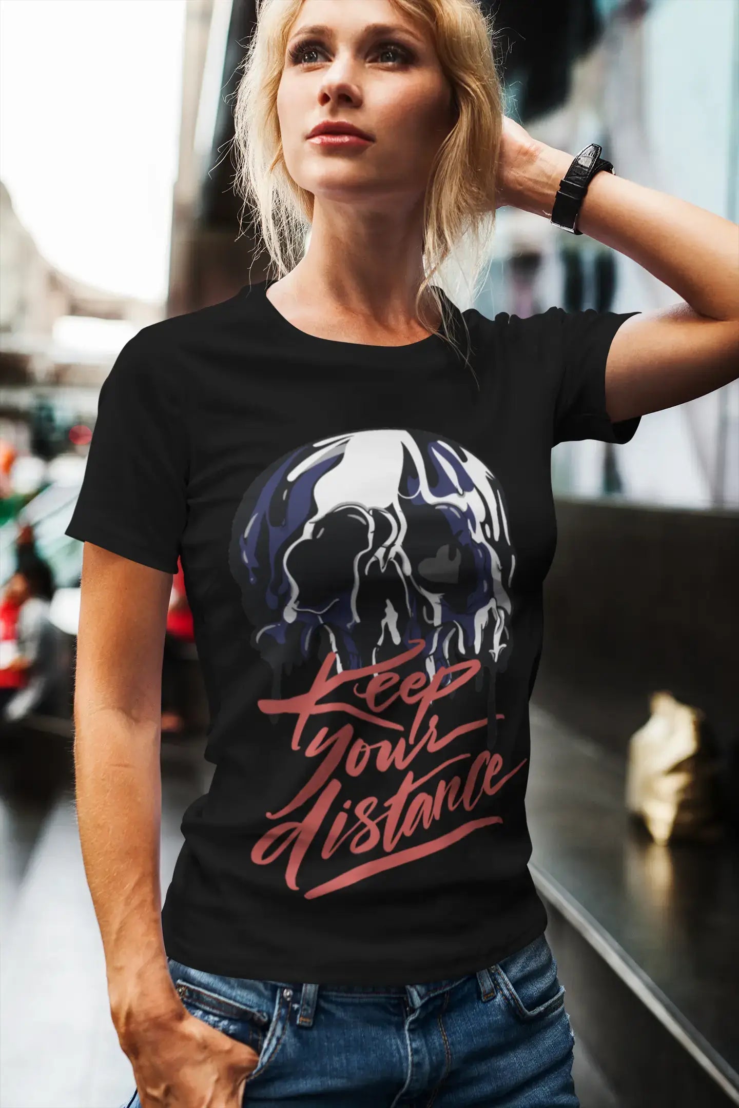 ULTRABASIC Women's Organic T-Shirt - Keep Your Distance - Skull Shirt for Women