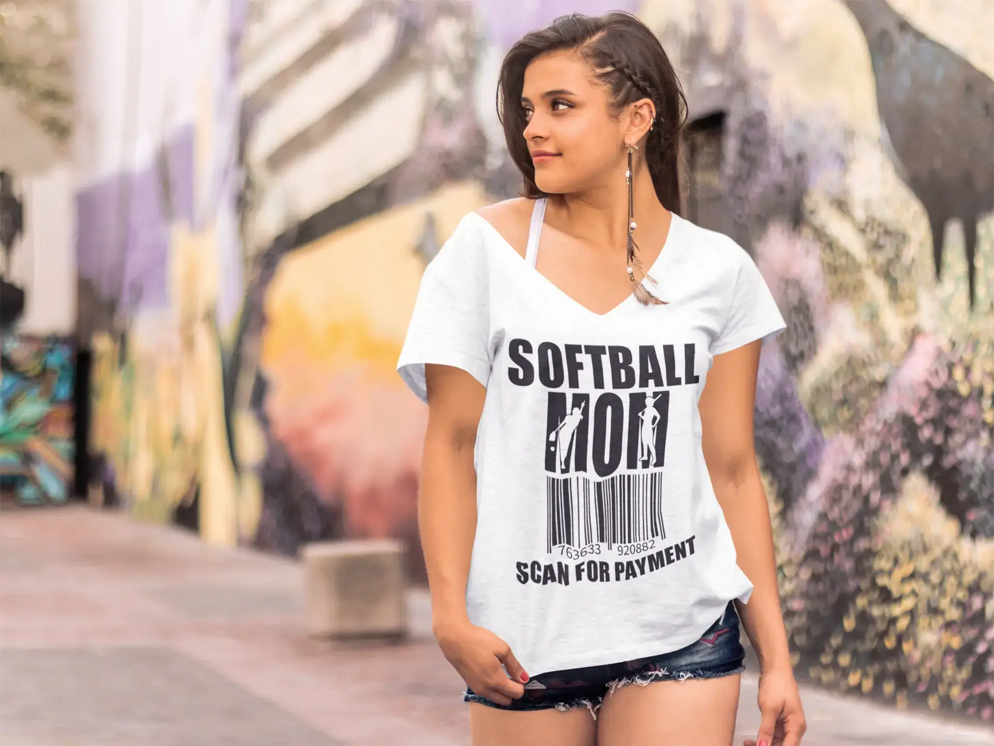 ULTRABASIC Women's V-Neck T-Shirt Softball Mom Scan For Payment - Funny Mom's Quote