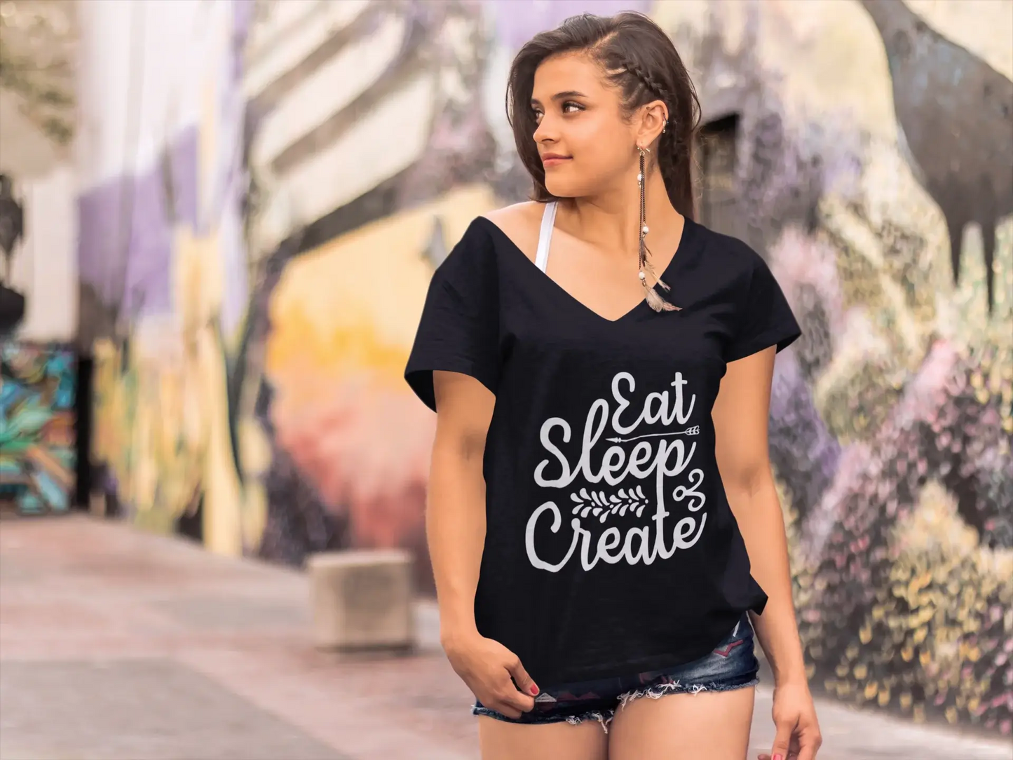 ULTRABASIC Women's T-Shirt Eat Sleep Create - Short Sleeve Tee Shirt Tops