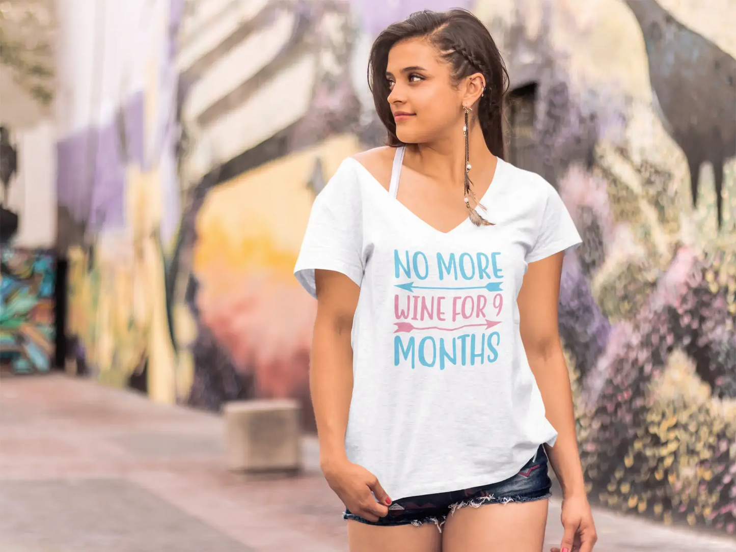 ULTRABASIC Women's V-Neck T-Shirt No More Wine for 9 Months - Funny Short Sleeve Tee Shirt Tops