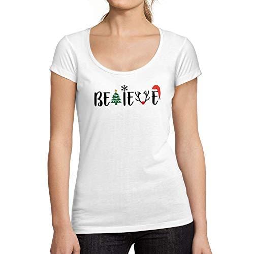 Ultrabasic - Tee-Shirt Femme col Rond Décolleté Noël Croyez Arbre T-Shirt Idées Cadeaux de Noël Blanco
