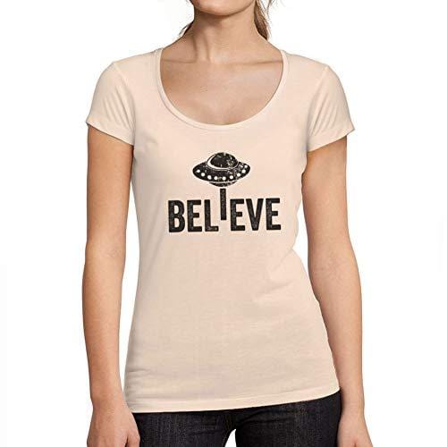 Ultrabasic - Tee-Shirt Femme col Rond Décolleté Believe UFO Alien Rose Crémeux