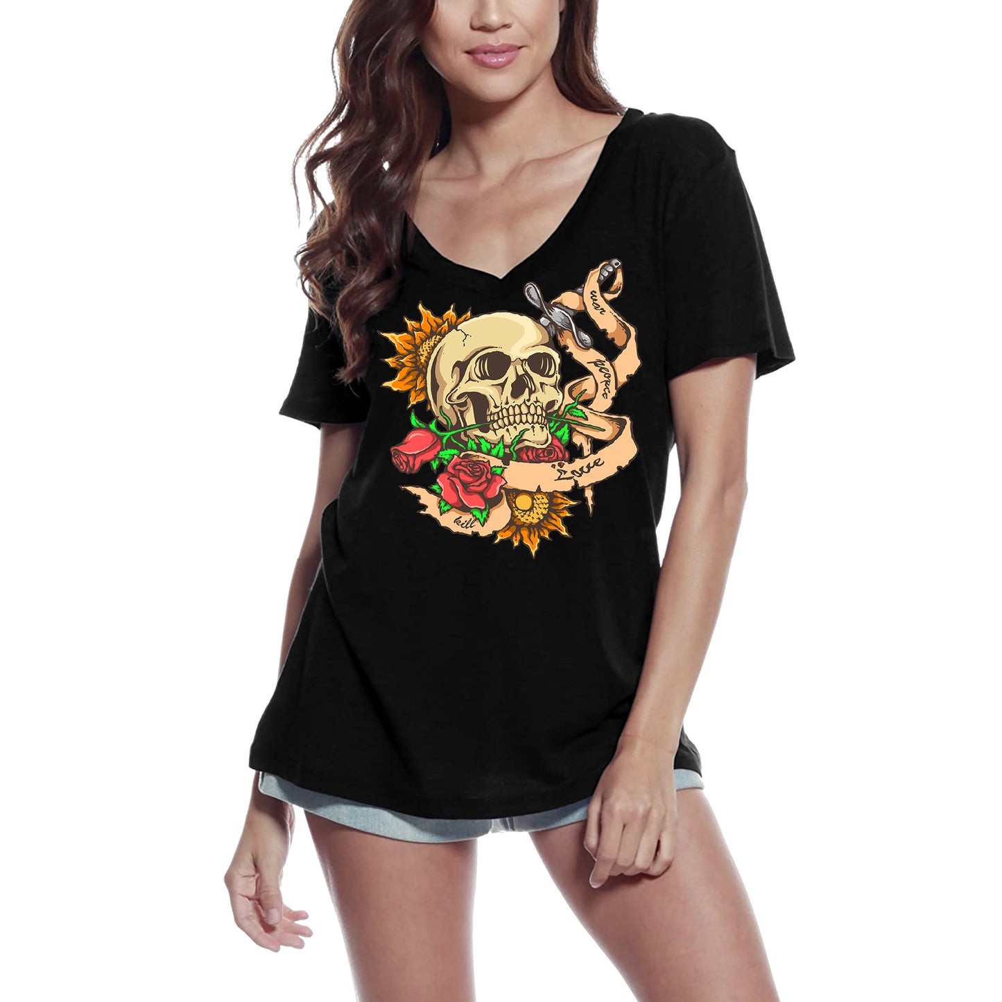 ULTRABASIC Women's V Neck T-Shirt War Peace Love Kill - Scary Skull With Red Roses