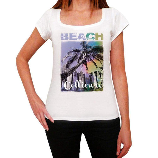 Collioure, Beach Name Palm, white, <span>Women's</span> <span><span>Short Sleeve</span></span> <span>Round Neck</span> T-shirt 00287 - ULTRABASIC