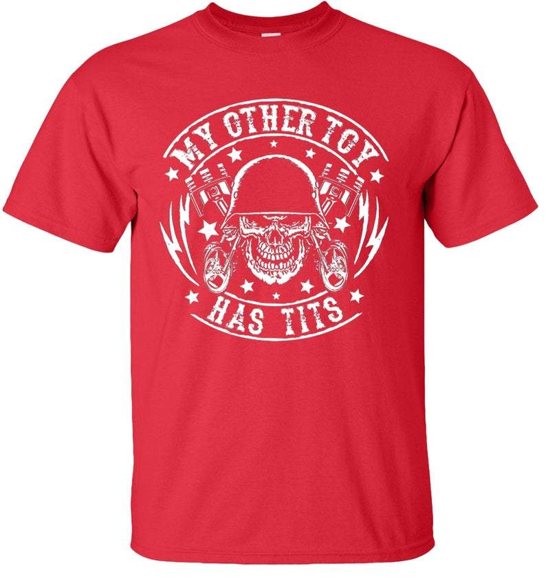 Graphic Men's My Other Toy Has Tits T-Shirt Biker Piston Skull Tee