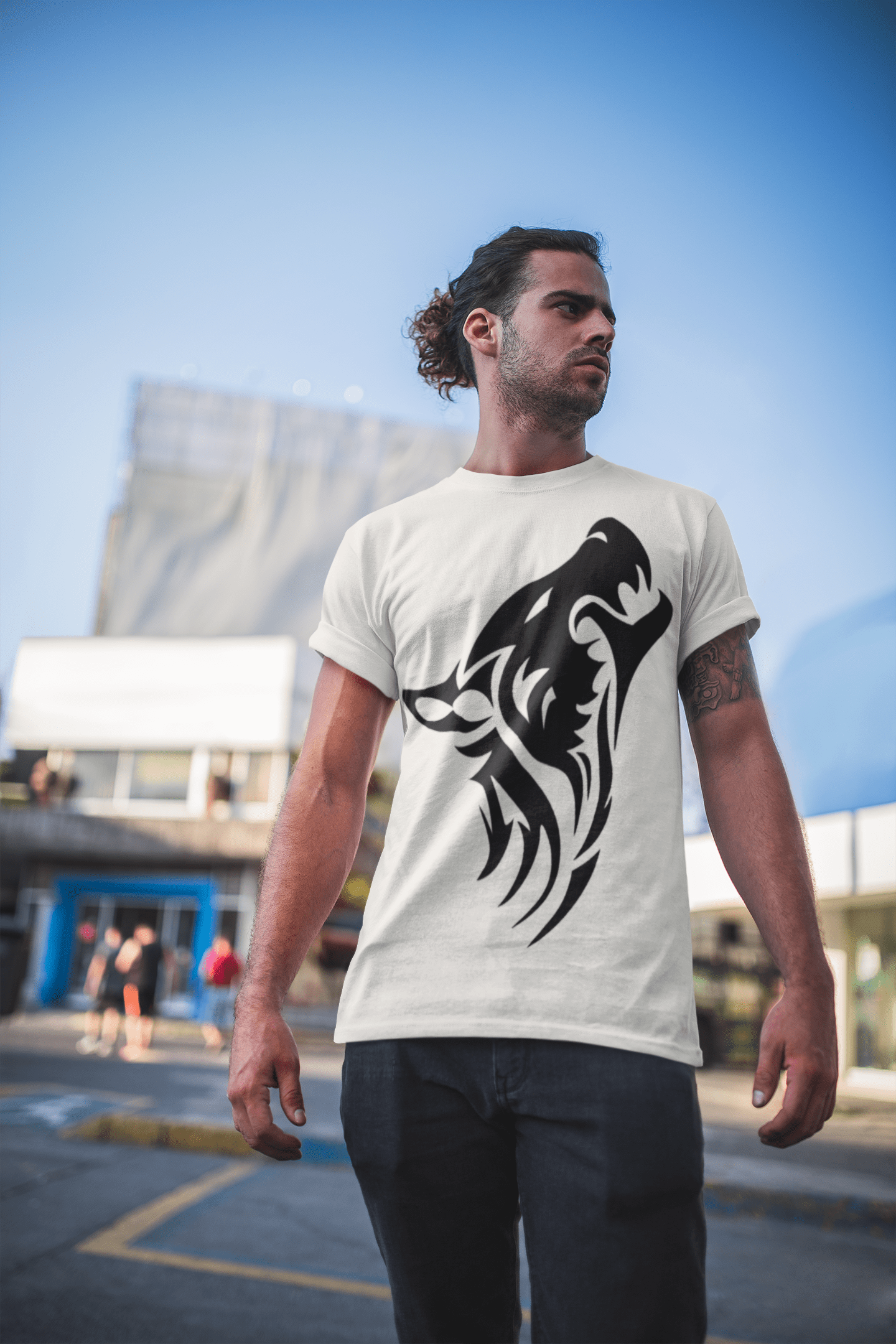 Wolf Tribal Tattoo, Men's White tee, 100% Cotton Round Neck 00162