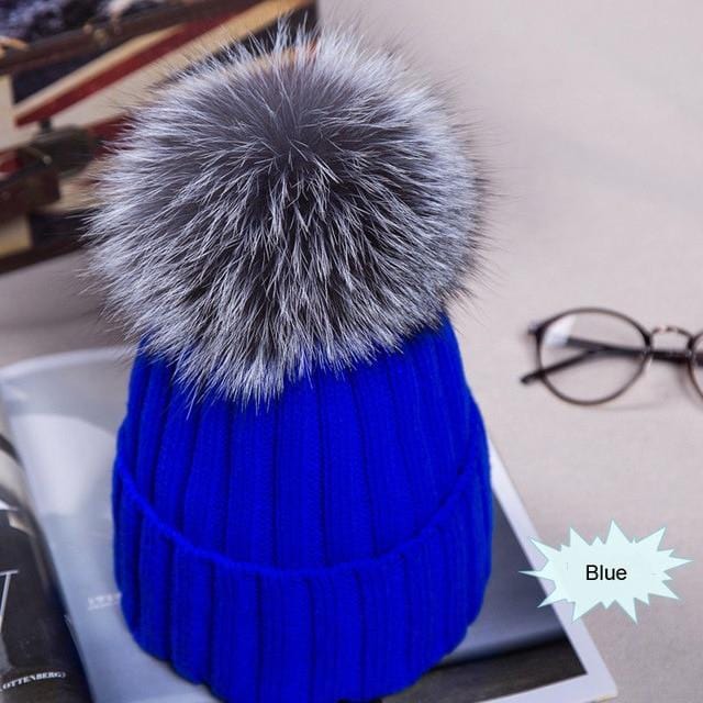 Hot Sale Winter Women Pom Pom Beanies Warm Knitted Bobble Girl Fur Pompom Hats Real Raccoon Fur Pompon Casual Hat Cap