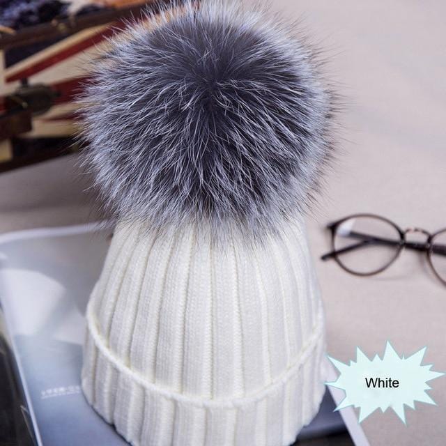 Hot Sale Winter Women Pom Pom Beanies Warm Knitted Bobble Girl Fur Pompom Hats Real Raccoon Fur Pompon Casual Hat Cap