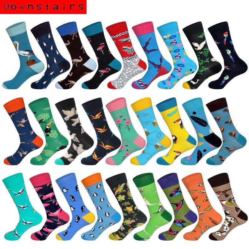 Downstairs Brand Desgin Happy Socks for Men's Gifts 28 Colors Birds Flamingos Penguins Streetwear Dress Up Long Casual Calcetines