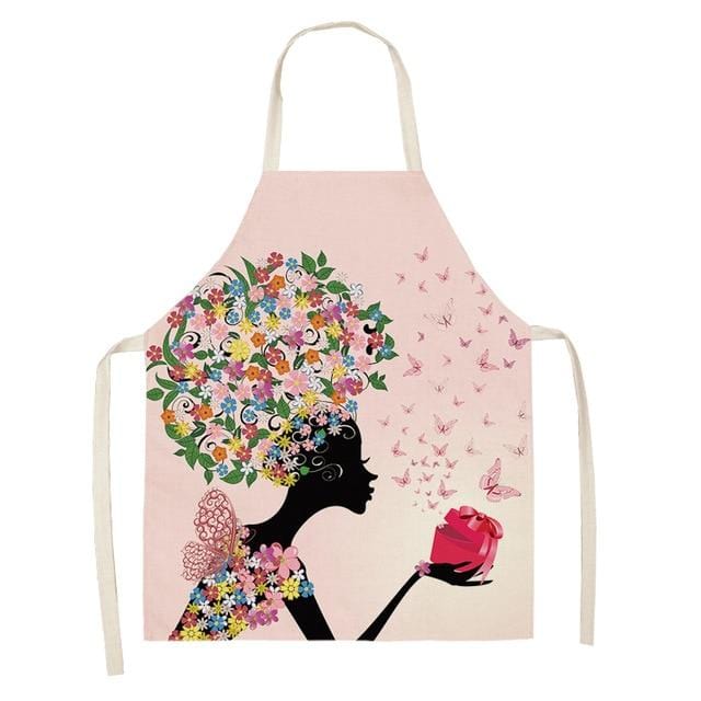 1Pcs Cotton Linen Flower Butterfly Girl Printed Kitchen Aprons for Women Home Cooking Baking Waist Bib Pinafore 53*65cm WQ0034