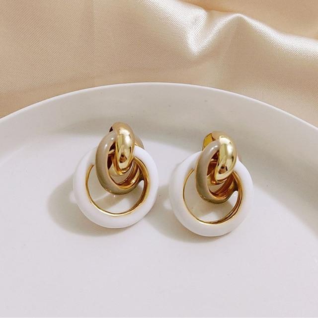 HUANZHI 2019 White Geometric Round Square Irregular Hollow Pearlescent Starry Sky Calla Lily Enamel Earrings for Women Girls