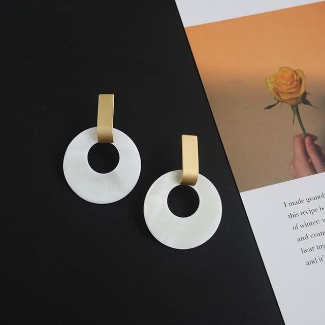 HUANZHI 2019 White Geometric Round Square Irregular Hollow Pearlescent Starry Sky Calla Lily Enamel Earrings for Women Girls