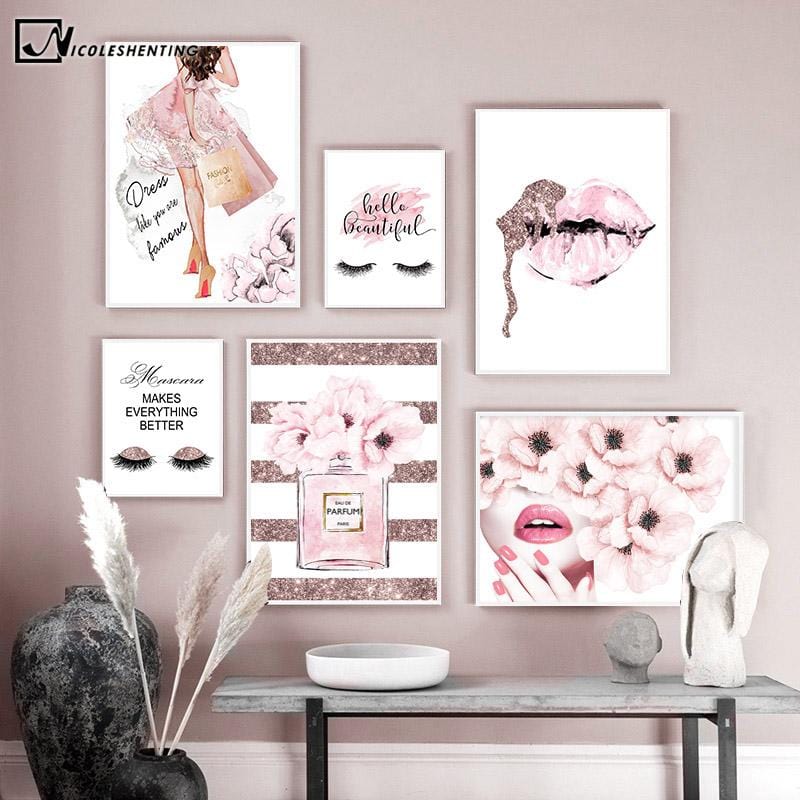 Pink Flower Perfume Fashion Poster Eyelash Lips Makeup Print Canvas Art Painting Wall Picture Modern Girl Room Home Decoration