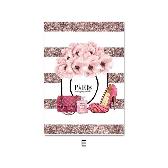 Pink Flower Perfume Fashion Poster Eyelash Lips Makeup Print Canvas Art Painting Wall Picture Modern Girl Room Home Decoration