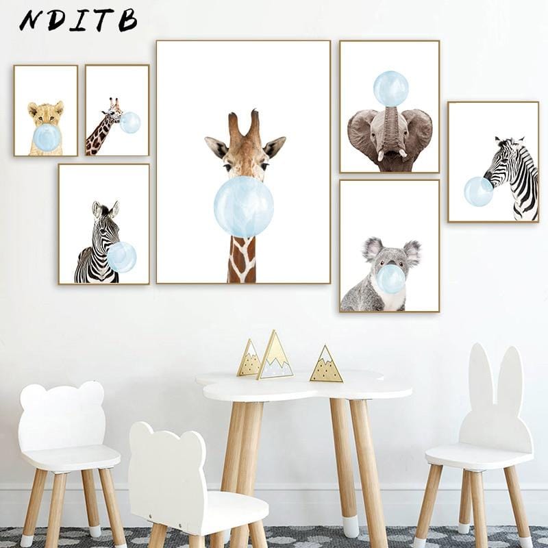 Baby Animal Blue Bubble Poster Nursery Canvas Wall Art Print Zebra Giraffe Painting Nordic Kids Decoration Picture Bedroom Decor